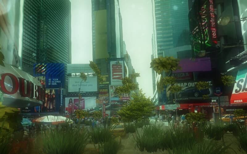 Na imagem podemos ver como ficaria a famosa Times Square, em Nova York, se a vegetação tomasse conta do lugar