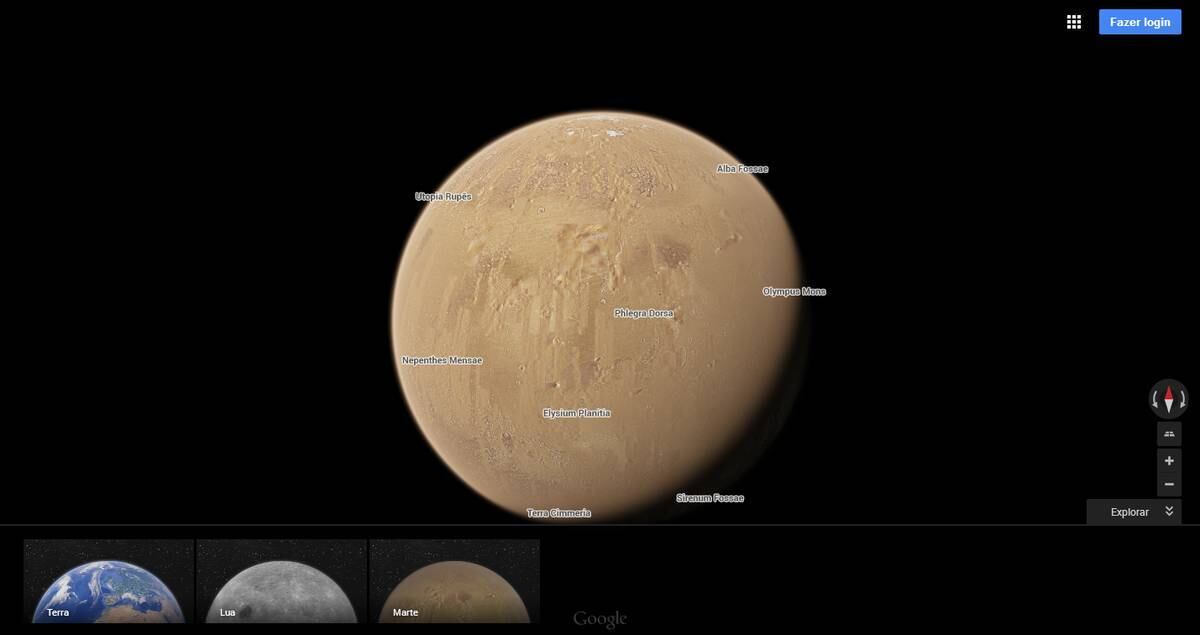 Já em Marte podemos ver as regiões já conhecidas pelo homem e “dar uma volta” pelo planeta inteiro. Interessante, não?
