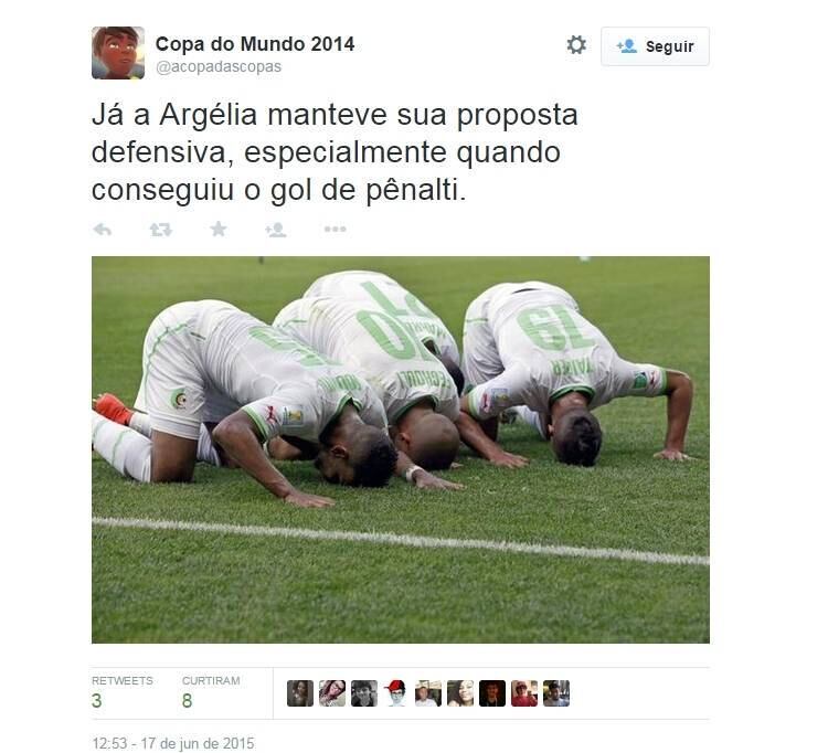 No dia 17 de junho, às 12h53, a imagem dos jogadores argelinos comemorando um gol de pênalti também foi marcante e registrada na rede social