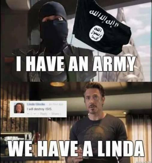 Sabe a icônica cena de Vingadores, onde Loki diz "nós temos um exército", e o Homem de Ferro responde "nós temos um Hulk"? Aqui é quase igual, mas ao invés do Hulk eles tem a temível Linda