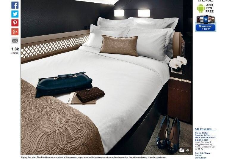 A suíte privativa tem, além dos três quartos, uma sala de estar, um banheiro e um mordomo treinado para atender todos os caprichos do hóspede-passageiro. As novas suítes de primeira classe estarão disponíveis no novo avião a partir de dezembro, quando o luxuoso "The Residence", como a aeronave é chamada, também será lançado 