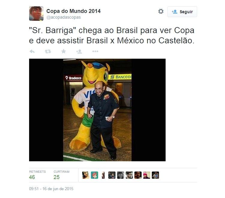 Até a chegada do famoso Sr. Barriga, do seriado Chaves, em terra brasileira, foi registrada pelo Twitter em homenagem à Copa