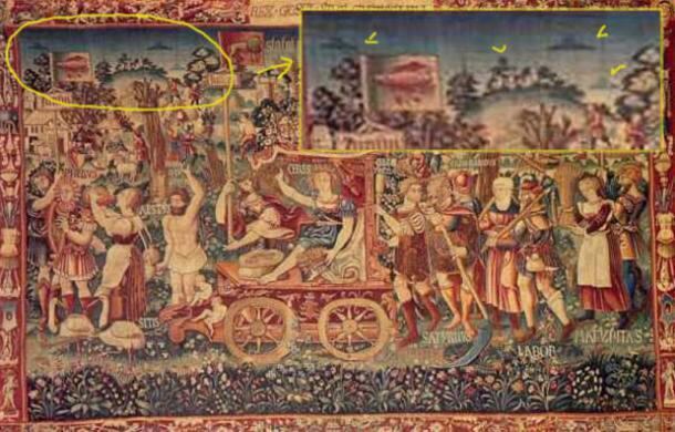 Alguns estudiosos pesquisaram o tapete e afirmaram categoricamente que a
intenção era retratar como a realeza da Bélgica (onde a obra foi feita)
estava conectada com seres de outros planetas, que na época
ainda retratados como "deuses"