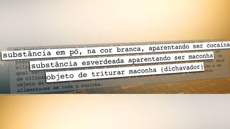 No banheiro do apartamento de Luiz, foi encontrado uma substância em pó, na cor branca, aparentando ser cocaína. Já na mesa da sala, um elemento esverdeado parecido com maconha, além de um objeto de triturar a erva (dichavador)