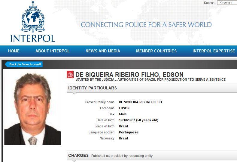 Edson Ribeiro foi incluído na lista de procurados da Interpol