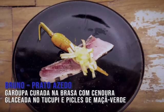 No Teste de Fogo em que as equipes tinham que preparar pratos azedos e amargos, Bruno fez uma garoupa curada na brasa com cenoura glaceada no tucupi e picles de maçã verde, prato que conquistou os jurados!