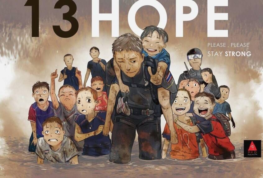 Arte com técnico assistente e garotos que estavam presos em caverna