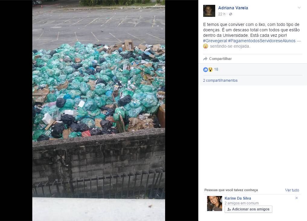 Nas redes sociais, alunos publicaram fotos da piscina abandonada e de sacos de lixo amontoados dentro do campus
