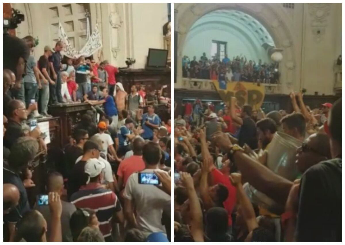 Servidores da Secretaria de Segurança protestam desde a manhã desta terça-feira (8) na escadaria da Alerj (Assembleia Legislativa do Estado do Rio de Janeiro) contra as medidas que serão adotadas pelo governo estadual para tentar equilibrar as contas. No começo da tarde, por volta das 14h40, os manifestantes tomaram o plenário da Casa. A assessoria de imprensa da Alerj informou que o edifício foi desocupado por volta das 17h20. A sala da vice-presidência da Casa foi depredada. Leia mais