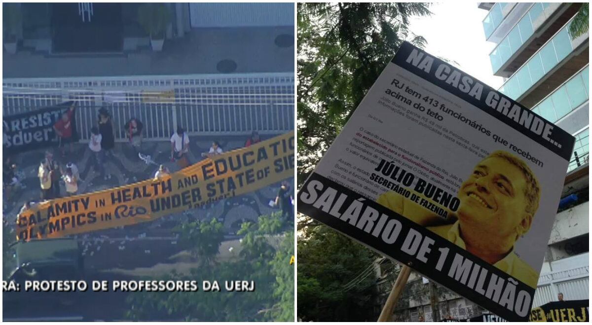 Manifestantes fizeram o protesto com cartazes que questionam o salário do secretário e “avisavam”, em inglês, sobre o estado de calamidade na saúde e na educação
