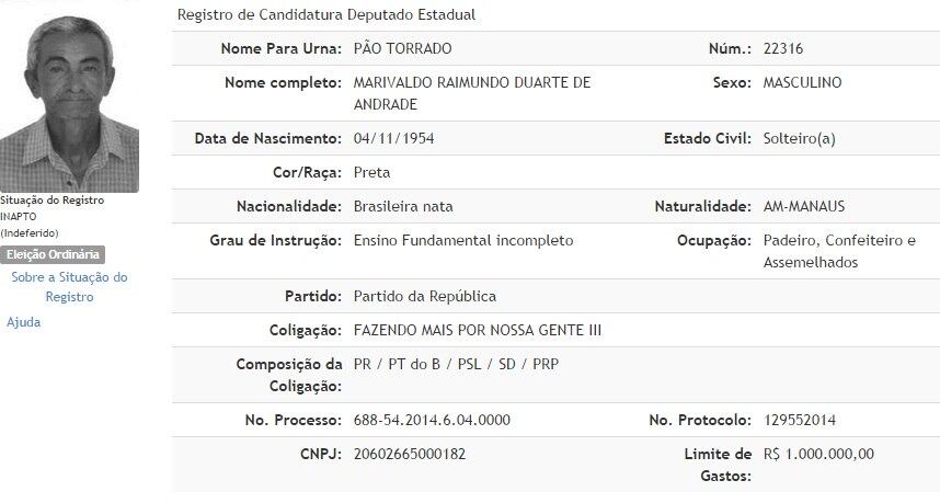 O
candidato a deputado estadual pelo Amazonas Pão Torrado (PR) não recebeu nenhum
voto, ou seja, nem mesmo o próprio candidato votou nele