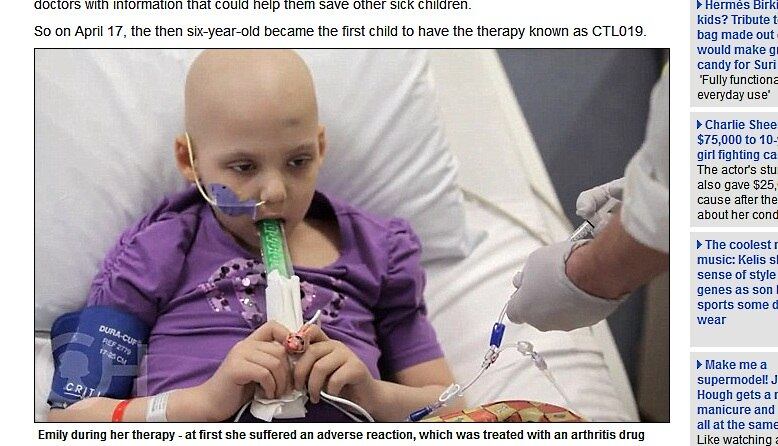 

Assim, no dia 17 de abril deste ano,
Emily tornou-se a primeira criança a passar por esse tratamento conhecido como
CTL019