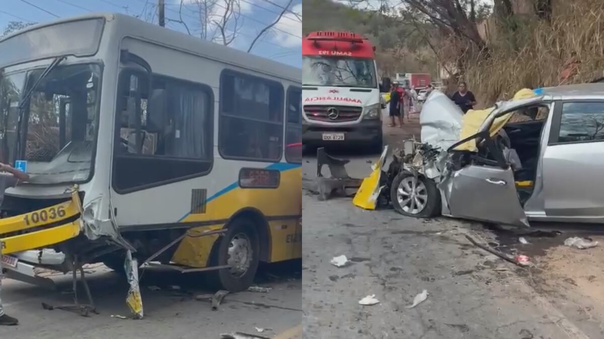 Motorista do carro perdeu o controle do veículo e bateu de frente contra o ônibus