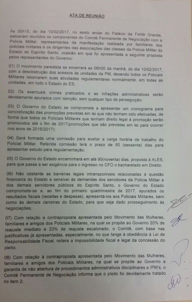 Ata da reunião assinada por representantes do governo do ES