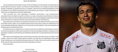O empresário de Leandro Damião não gostou nem um pouco das declarações vindas do ex-presidente do Santos, Luís Álvaro de Oliveira Ribeiro, que, entre muitas coisas, chamou o atacante de "pangaré". Para defender seu jogador, Vinicius Prates publicou uma nota de repúdio 

Vídeo: Jornalistas do R7 apontam melhores e piores do Brasileirão
 
