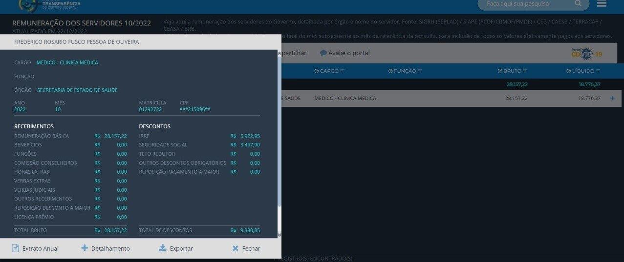 Extrato de rendimentos de 2022 da Secretaria de Saúde do DF mostra que o servidor está ativo