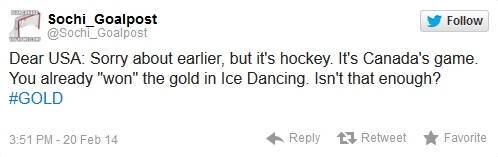 O Twitter foi a rede escolhida para a maior parte das piadas.

— Queridos EUA, desculpem-nos por hoje mais cedo, mas é hóquei. É o jogo do Canadá!
Vocês já "ganharam" o ouro na dança no gelo. Isso não é suficiente?