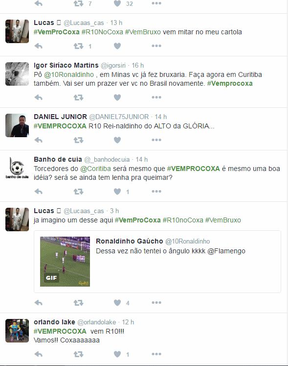 No twitter, torcedores do Coritiba já sonham com o R10 fazendo gols de falta no Couto Pereira
