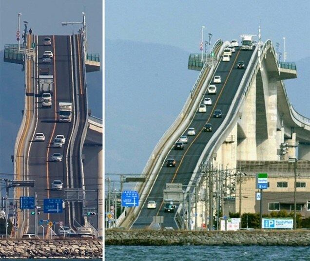 Com 44 metros de altura, a enorme e assustadora ponte de Eshima Ohashi foi projetada especialmente para que grandes navios consigam passar por baixo. Contudo, não se anime, pois ela aparenta ser muito mais ingrime do que realmente seja e é a terceira maior do mundo. Veja mais nas imagens a seguir