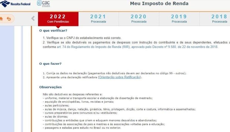 Pendências na declaração do IRPF 2022
