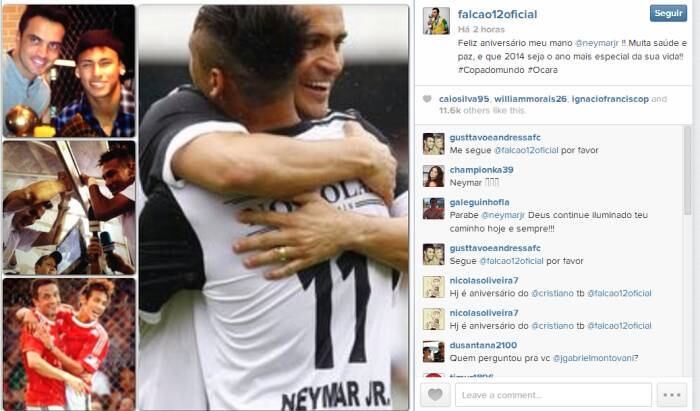 Ídolo do futsal brasileiro, o jogador Falcão aproveitou o aniversário de Neymar para desejar uma grande Copa do Mundo ao amigo