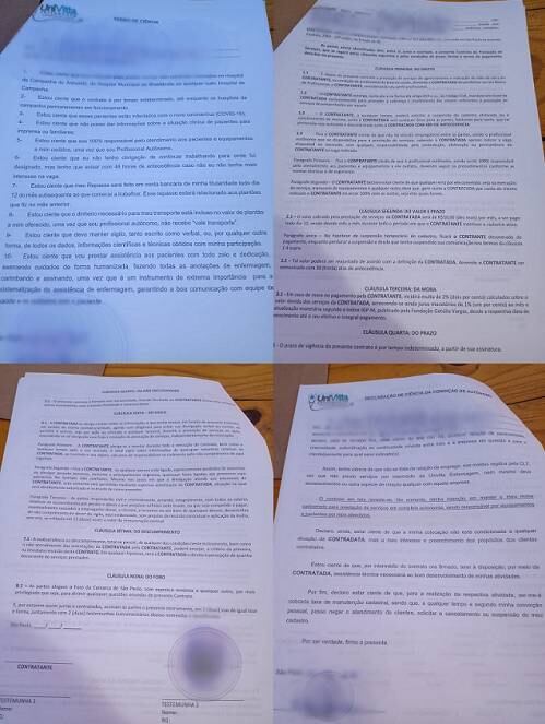 Por segurança, denunciante fotografou contratos assinados com a OSS Univitta. Imagens foram borradas para proteger sua identidade