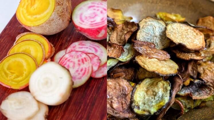 Vai um lanchinho da tarde? "Beterrabas coloridas fatiadas na mandolina, secas com pano, misturadas a azeite, sal e pitada de pimenta + forno = chips absolutamente crocantes", publicou Ailin em seu Instagram.