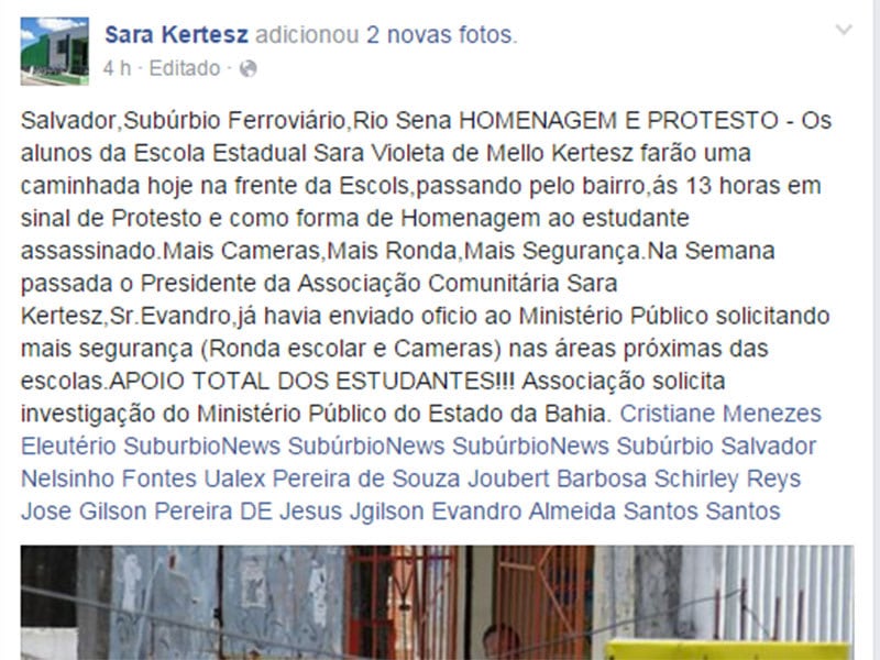 Na página do colégio, estudantes promoveram uma passeata pedido paz e em luto pela morte do estudante 