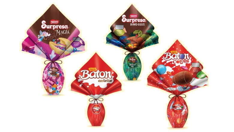 A
linha infantil da Nestlé e da Garoto é composta pelos ovos Dino Eggs (204g), Surpresa
Magia (210g), Baton Colors
(212g) e Baton ao Leite (204g). Todos têm preço sugerido de R$ 46,99
