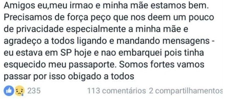 Publicação feita por Matheus Saroli nas redes sociais