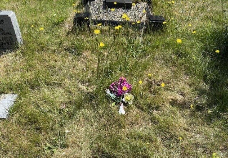 Mãe deixou um buquê de flores em cima do túmulo da filha Laura
