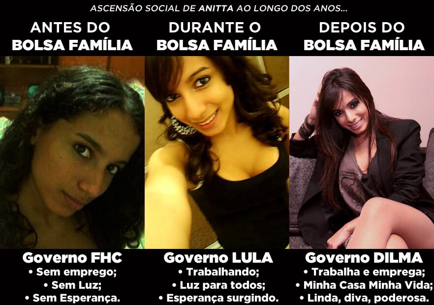 Enquanto a música Show das Poderosas bomba em todo o Brasil, todo mundo só fala da cantora Anitta. O bordão "Pre-pa-ra", retirado do single, tomou conta das redes sociais e rendeu várias piadas. Mas não é só ele. Na última sexta-feira (16), a página Dilma Bolada, com mais de 478 mil seguidores, resolveu mostrar a evolução na aparência da artista desde a implantação do Bolsa Família (foto). E não é que ela melhorou (rs)? Veja outros memes a seguir