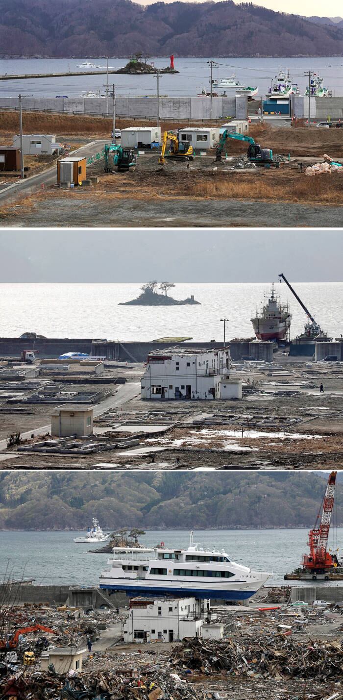 Otsuchi (Japan), 07/02/2021.- A picture combo shows (bottom to top) a sightseeing boat which was swept onto the roof of a guesthouse by the tsunami in Otsuchi, northern Japan, 07 May 2011, a view of the same area on 15 February 2012, and on 21 February 2021 (issued 09 March 2021). 11 March 2021 marks the tenth anniversary of the 9.0-magnitude earthquake and subsequent tsunami that devastated northeastern Japan and triggered a nuclear disaster at the Fukushima Daiichi Nuclear Power Plant. (Terremoto/sismo, Japón) EFE/EPA/KIMIMASA MAYAMA ATTENTION: This Image is part of a PHOTO SET *** Local Caption *** 50241974