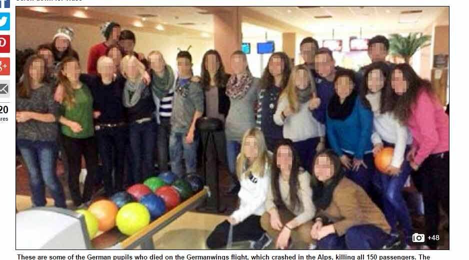 Foram divulgadas imagens de algumas das 150 vítimas do acidente
com o voo 9252 da Germanwings no último dia 24. Entre elas, está um grupo de
16 adolescentes que faziam sua viagem de volta para casa, depois de uma semana passeando
e estudando em Barcelona.


Na foto, eles aparecem em um boliche junto com outros 12 jovens espanhóis
