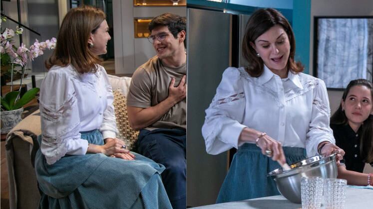 Cozinheira e estilosa! Para produzir um de seus quitutes alemães para Erick (Diego Kropotoff) e Mirela, Ísis arregaçou as mangas. Ela apostou em uma saia em tom frio e uma camisa social com rendas e transparências 

