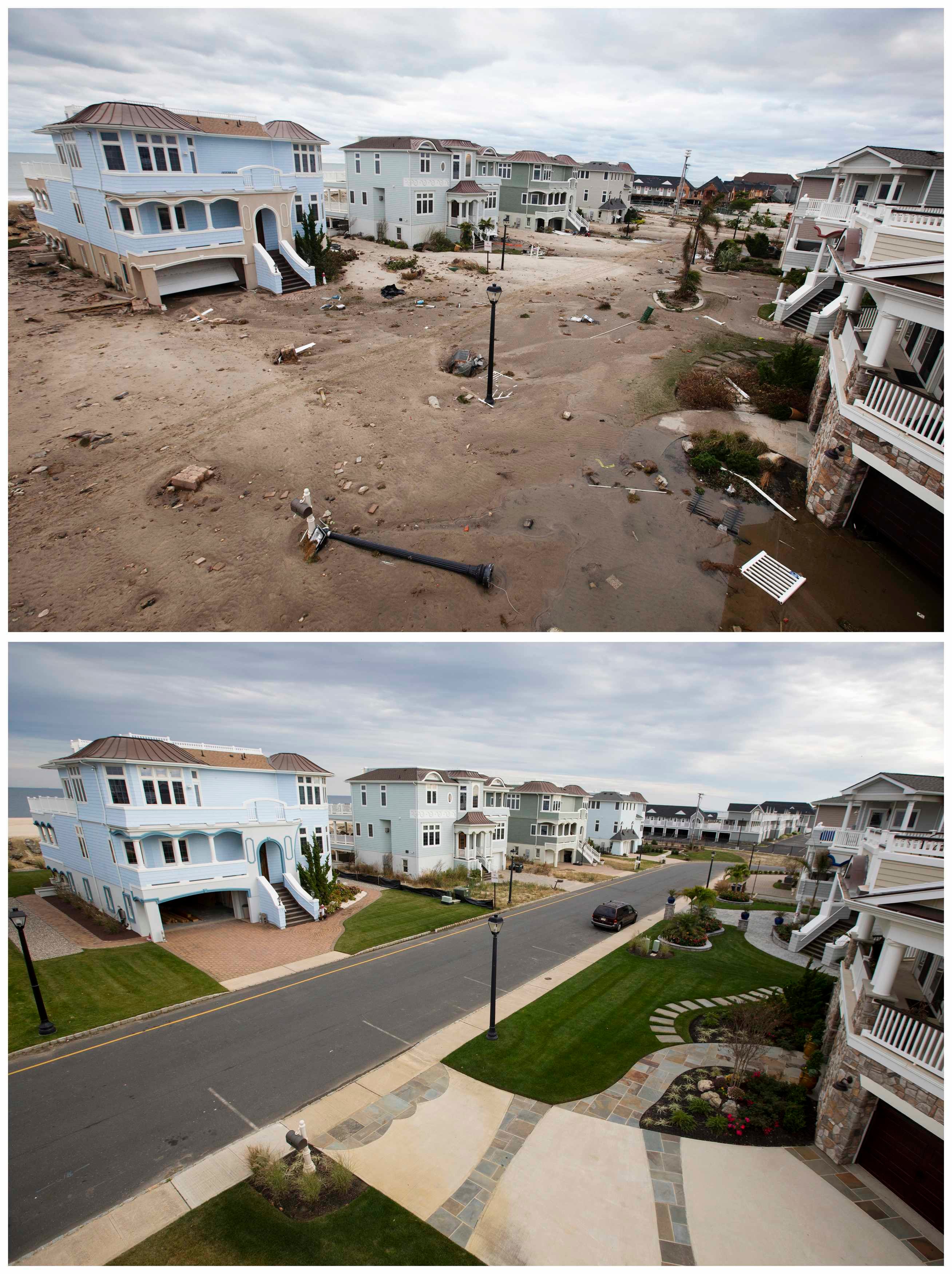 No dia 31 de outubro do ano passado, a rua Tradewinds Lane ficou coberta de areia e detritos espalhados pelos ventos. Abaixo, em 22 de outubro deste ano, a mesma rua de Nova Jersey
