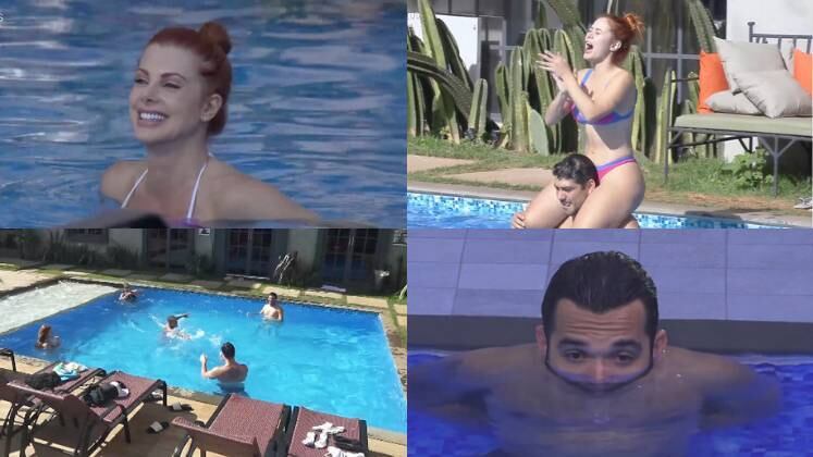 Apesar do inverno, vez ou outra, o tempo abre em Itapecerica da Serra (SP) e a diversão rola solta na área externa da Mansão do Power Couple. Os casais aproveitam o dia ensolarado da melhor maneira possível: na piscina! Enquanto uns renovam o bronzeado, outros nadam e se divertem à beira d'água. Confira os melhores momentos dos casais na piscina, que vão muito além da distração!