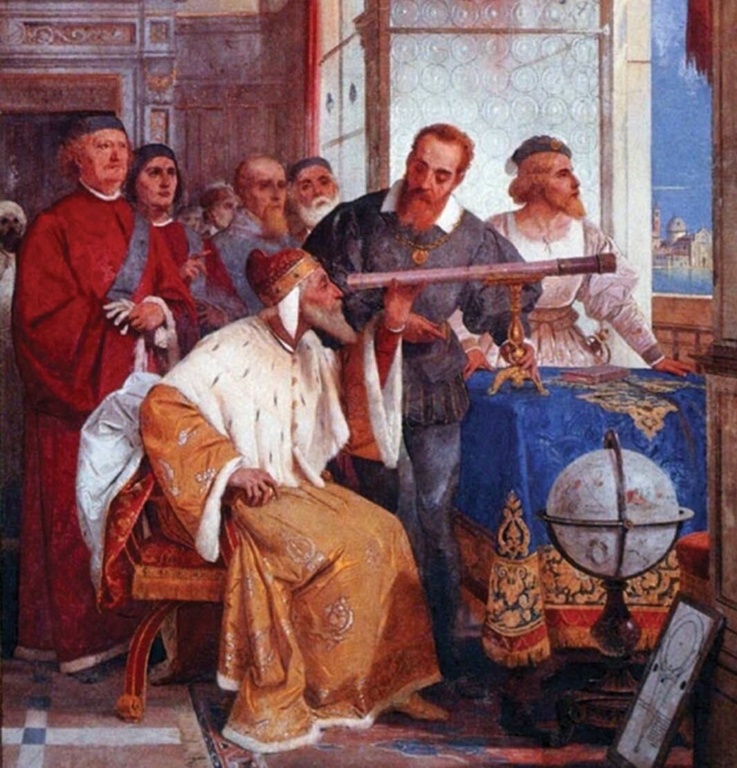 Galileu inventou o telescópio aprimorando o uso da luneta e seus estudos foram fundamentais para a evolução do conhecimento astronômico. Na tela acima, do pintor Giuseppe Bertini, Galileu mostra o telescópio ao Doge de Veneza (dirigente da região), na Itália.