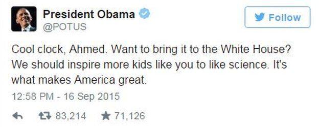 O presidente americano Barack Obama também mostrou solidariedade ao garoto muçulmano no Twitter.

— Relógio legal, Ahmed. Quer trazê-lo até a Casa Branca? Deveríamos incentivar mais crianças como você a gostar de ciência, é isso que faz a América boa