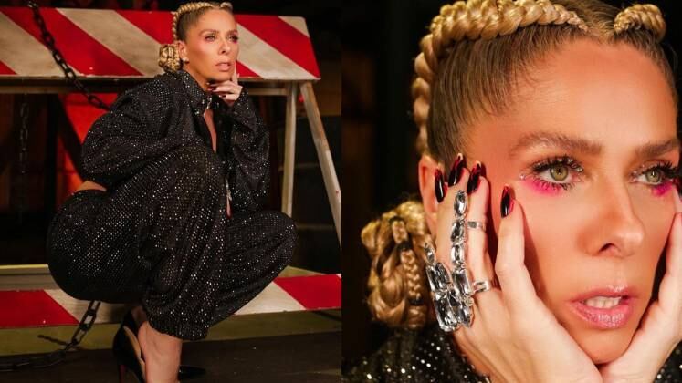 Para abrir a semana, Adriane chegou com tudo, vestindo um conjunto preto de paetê, uma make iluminada e acessórios brilhantes