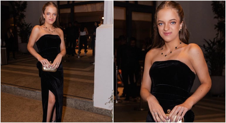 Para mais um evento de gala, em setembro, Rafaella escolheu um longo preto de veludo de seu modelo favorito: sem alças.A jovem completou a produção com sandália, bolsa e acessórios dourados