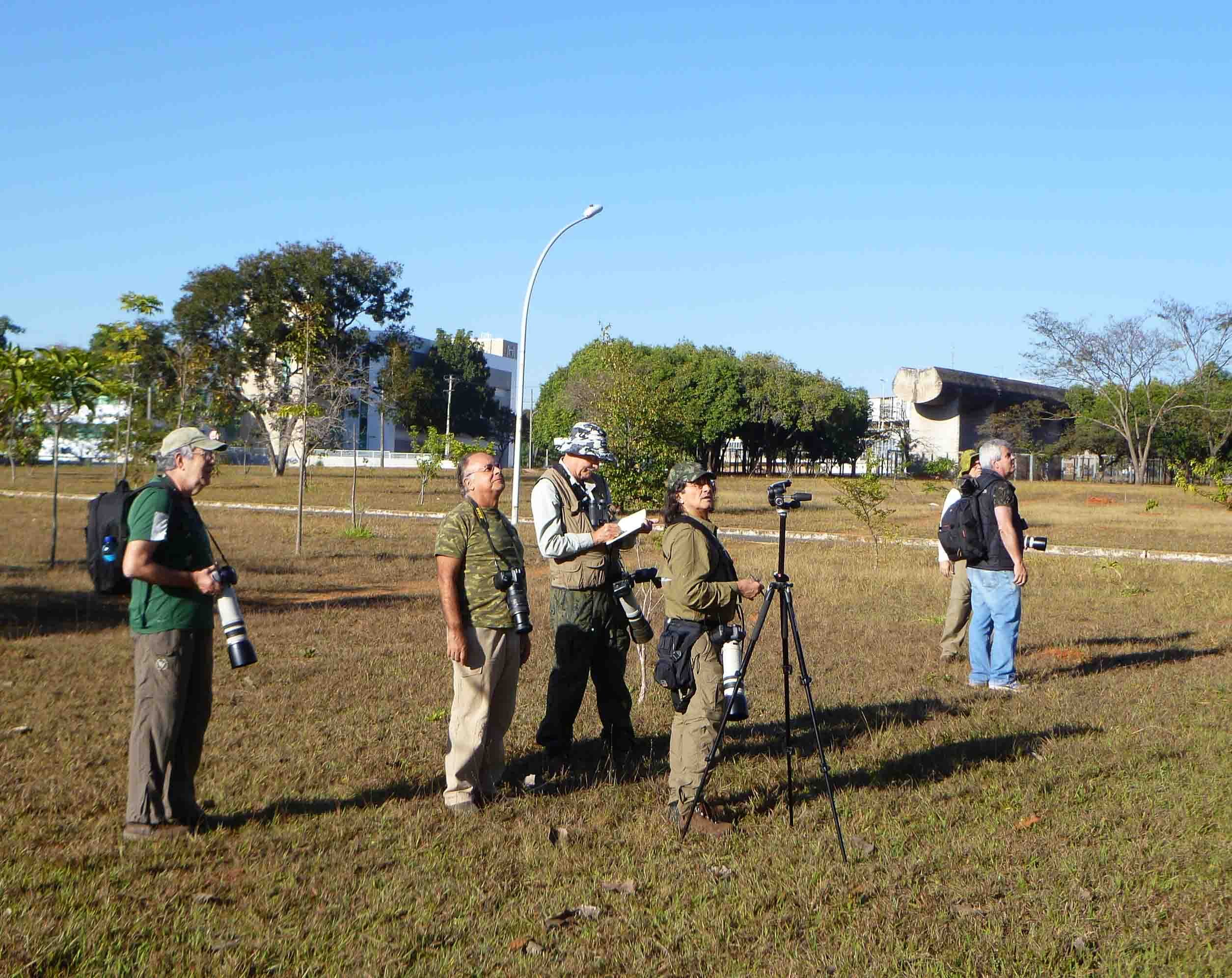 Grupo reunido para observar aves na UnB (Universidade de Brasília)
