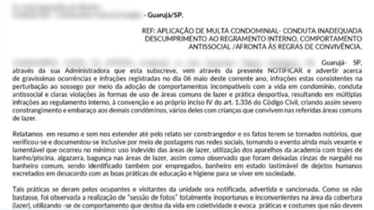 A alegação do condomínio é de que a gravação foi inoportuna e inconveniente, causando constrangimento aos condôminos, que estavam com crianças no local. Flora, no entanto, declara que estava propriamente vestida e nega ter feito qualquer pose com conotação sexual