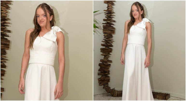 Durante outra celebração, agora dos 80 anos de sua avó Helô Pinheiro, Rafa surgiu com um longo branco de um ombro só. O destaque do visual ficou por conta do laço enorme no ombro da peça