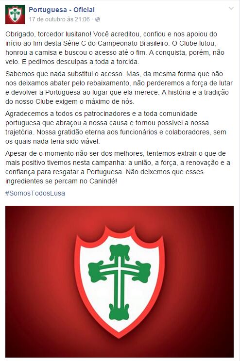 Como ela fez no sábado, depois de perder e não conseguir o acesso a segunda divisão do Campeonato Brasileiro. E claro que os torcedores abriram o coração e continuaram demonstrando seu apoio e amor nos comentários