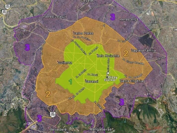 Os pedidos precisam ser agendados com até quatro horas de antecedência e são taxados por área. A sede fica no bairro Santa Efigênia, na região leste da capital, e as entregas próximas à região da Savassi (marcação verde) custam R$ 12. Já para a marcação laranja do mapa, o pedido custa R$ 16, e para a marcação roxa, R$ 20. O grupo também realiza entregas na região metropolitana, com o preço combinado à parte