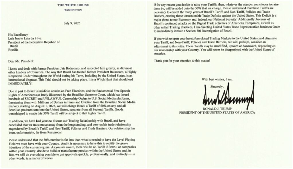 Trump publicou carta a Lula em rede social