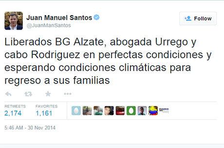 Presidente colombiano usou o Twitter para confirmar a libertação