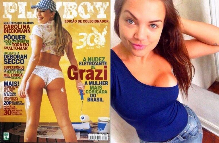 A Playboy deste mês comemora 40 anos e decidiu relançar os ensaios famosos da revista com celebridades como Grazi Massafera, Cleo Pires e muitas mais. De acordo com informações do jornal Agora S.Paulo, desta segunda-feira (10), Grazi tentou impedir a republicação do seu ensaio, clicado em 2005, mas uma brecha contratual permitiu a reimpressão. A capa da publicação exibe apenas os seios de uma mulher. Ainda segundo a publicação, a moça “sem cabeça” da revista é Caren Souza, vencedora da segunda edição do reality show Casa Bonita.