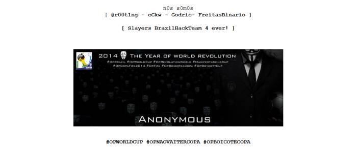 Na #OpBoicoteaCopa, os hackers usam a técnica de defacement (uma espécie de pichação virtual em páginas) para publicar mensagens contra o evento organizado pela Fifa